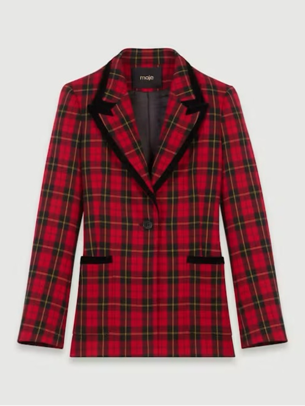 Maje Vanty Tartan Plaid Blazer with Velvet Trim - Size 40